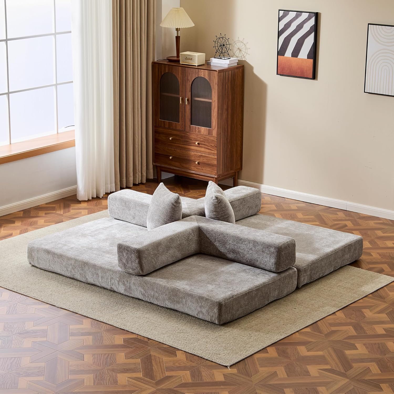 Canapé modulable Tokyo convertible gris beige - Sakio Design Maroc