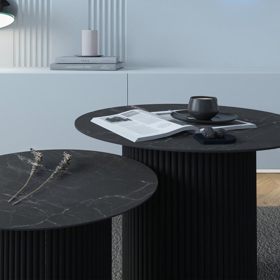 Tables basses gigognes Niro effet marbre et bois noir - Sakio Design Maroc