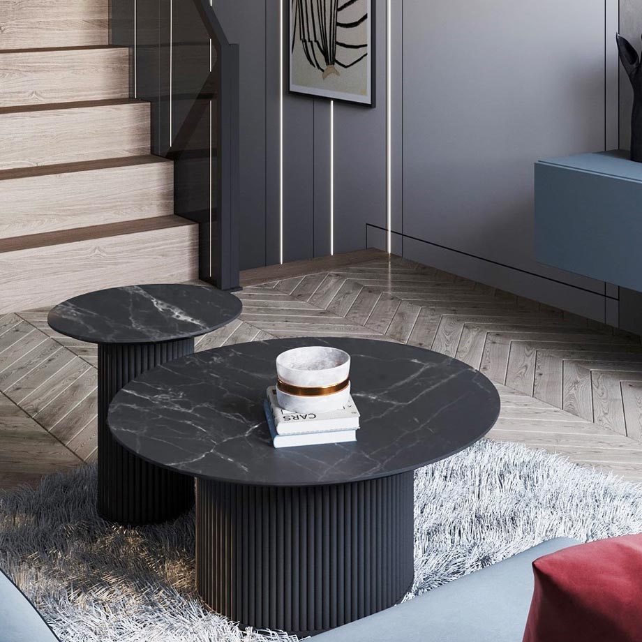 Tables basses gigognes Niro effet marbre et bois noir - Sakio Design Maroc
