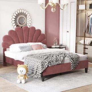 Lit double coquillage en velours rose, pieds bois - Sakio Design Maroc