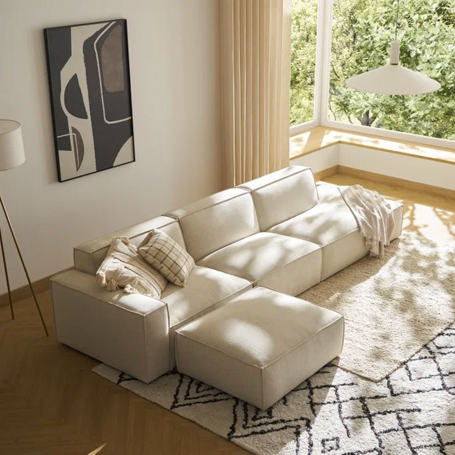 Canapé méridienne large avec pouf, tissu antitache - Sakio Design Maroc
