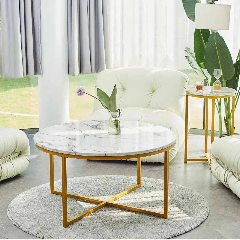 Table basse Elysia effet marbre et pieds dorés - Sakio Design