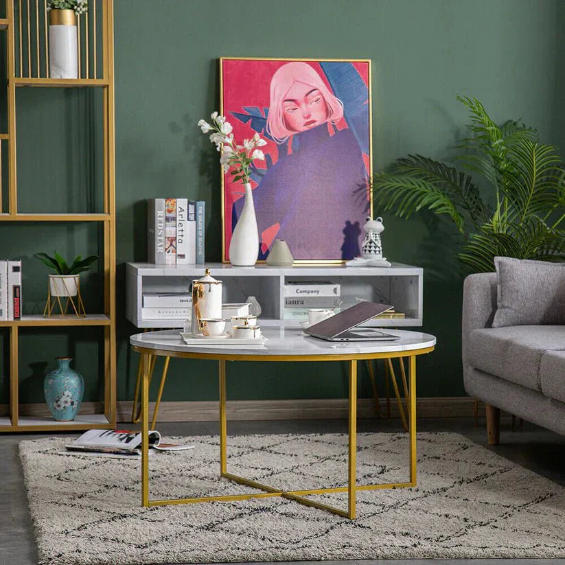 Table basse Elysia effet marbre et pieds dorés - Sakio Design